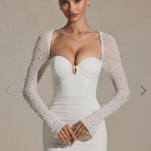 Oh Polly St Germain Elegant White Beaded Long Sleeve Dress